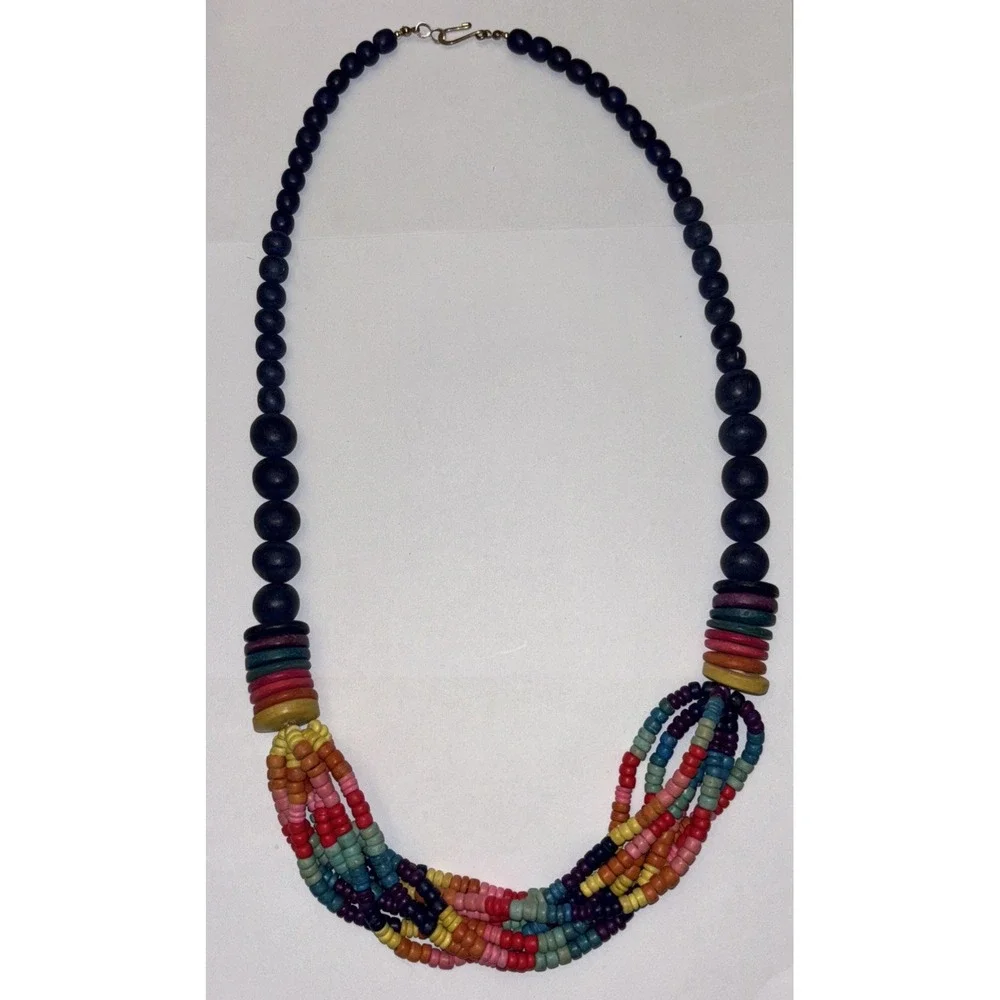 Vintage Multi-Strand Wood Beaded Necklace Rainbow Colorful Estate Find 28